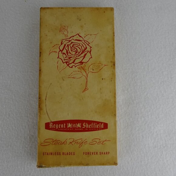 6 REGENT SHEFFIELD Steak Knives Stainless Blade Faux Antler Handle Original Box - Picture 12 of 14